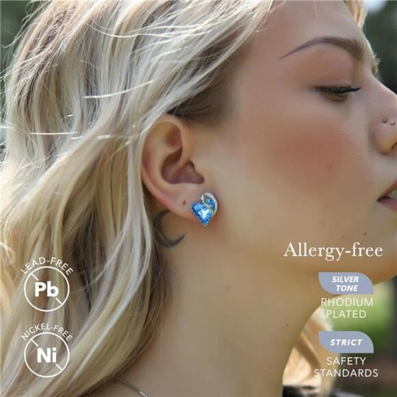 Silver Heart Birthstone Stud Earrings Crystal Jewelry Gift for Women Mom - Picture 2 of 7